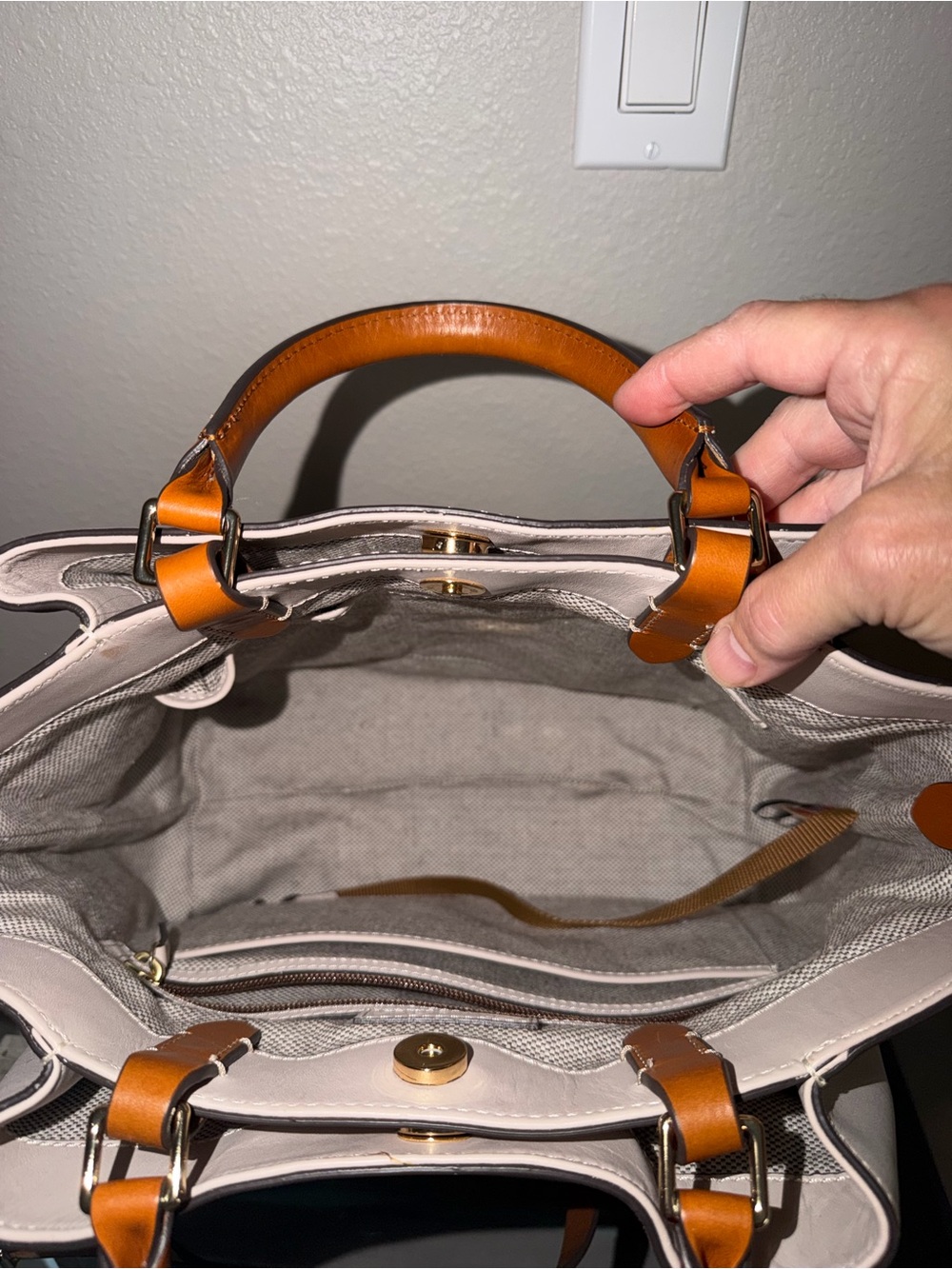 Dooney & Bourke Barlow Cream Leather Tote with Tan Trim - Picture 4 of 5